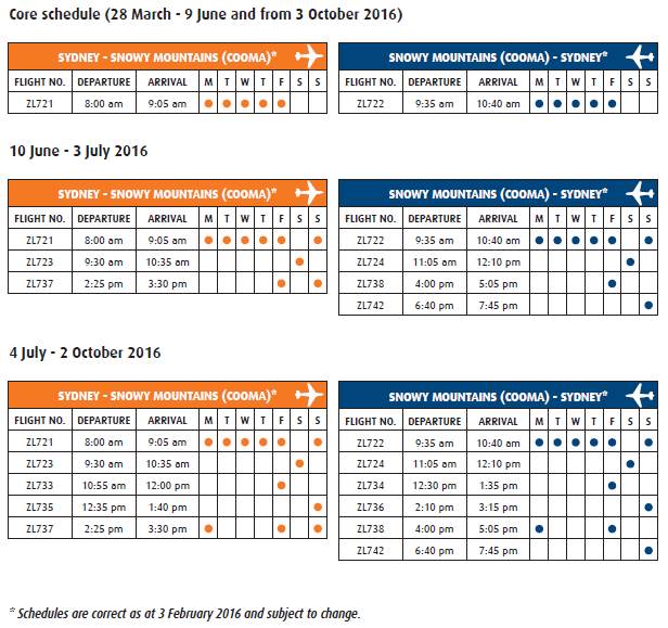 Rex Airlines Timetable Snowy Mountains